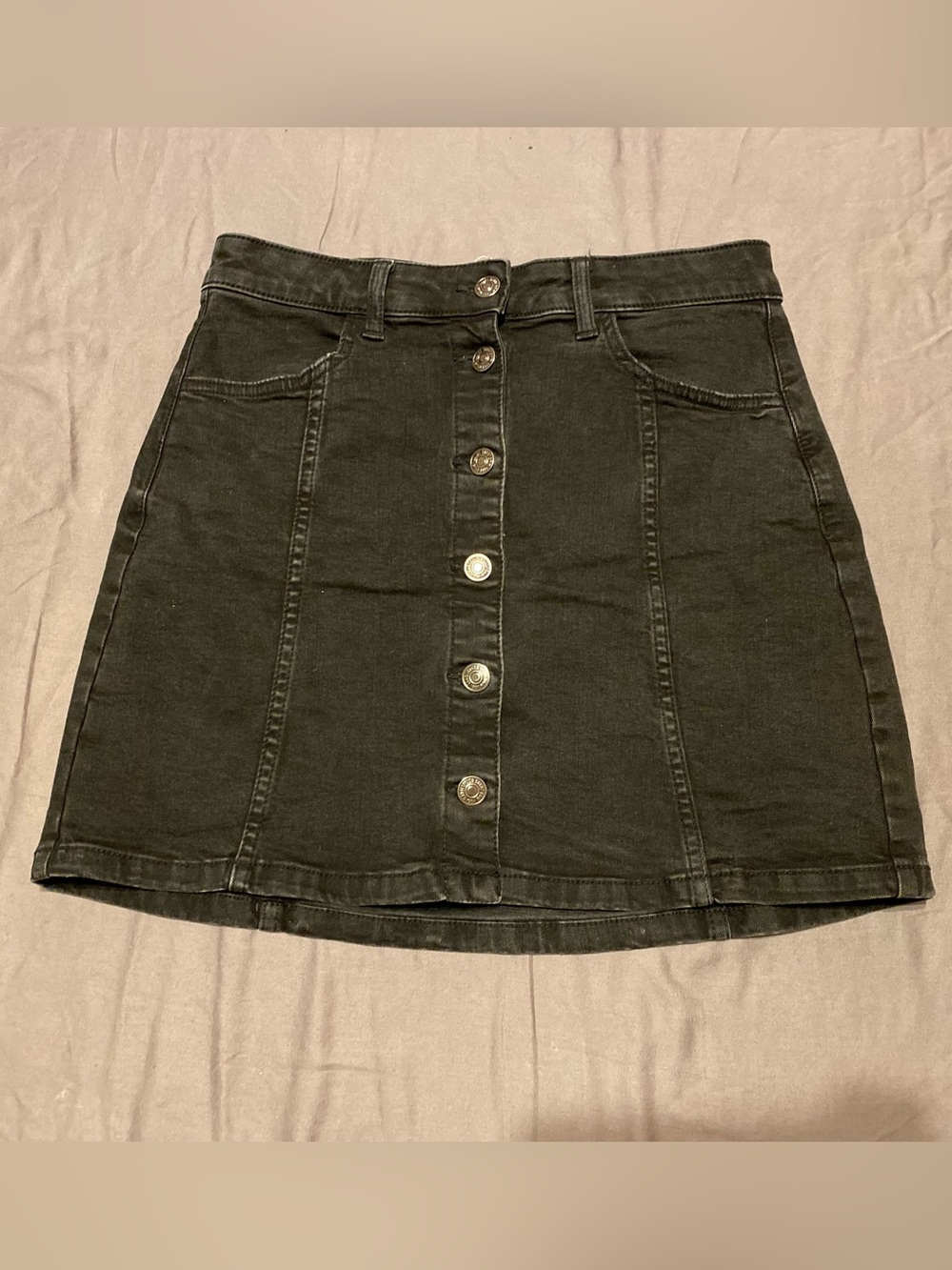 MNG black denim button up mini skirt, waist 28 inches